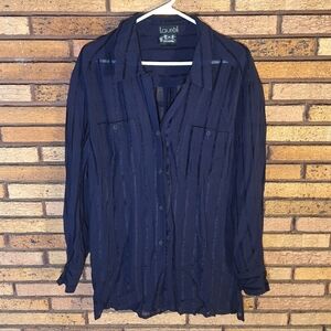 Laurèl Sheer Navy Blue Long Sleeve Button Down Shirt With Vertical Stripes